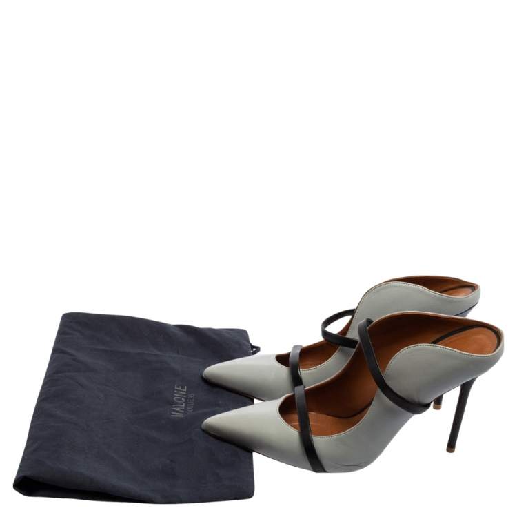 Pre Owned Malone Souliers Grey/Black Leather Maureen Pointed-Toe Mule Sandals Size 39.5