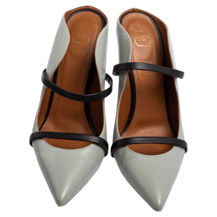 Pre Owned Malone Souliers Grey/Black Leather Maureen Pointed-Toe Mule Sandals Size 39.5