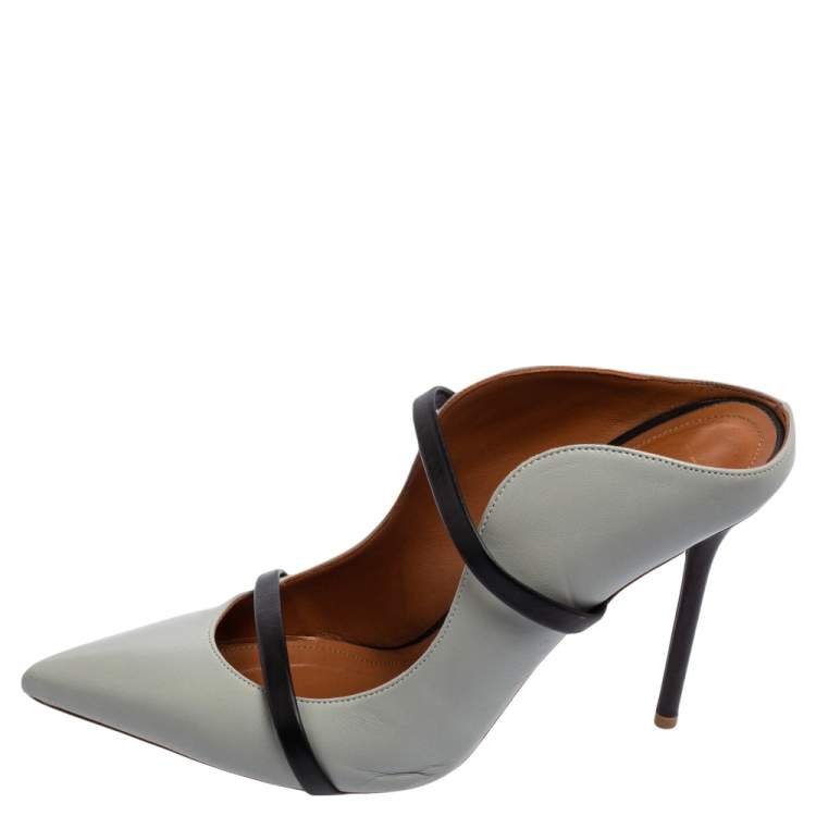 Pre Owned Malone Souliers Grey/Black Leather Maureen Pointed-Toe Mule Sandals Size 39.5