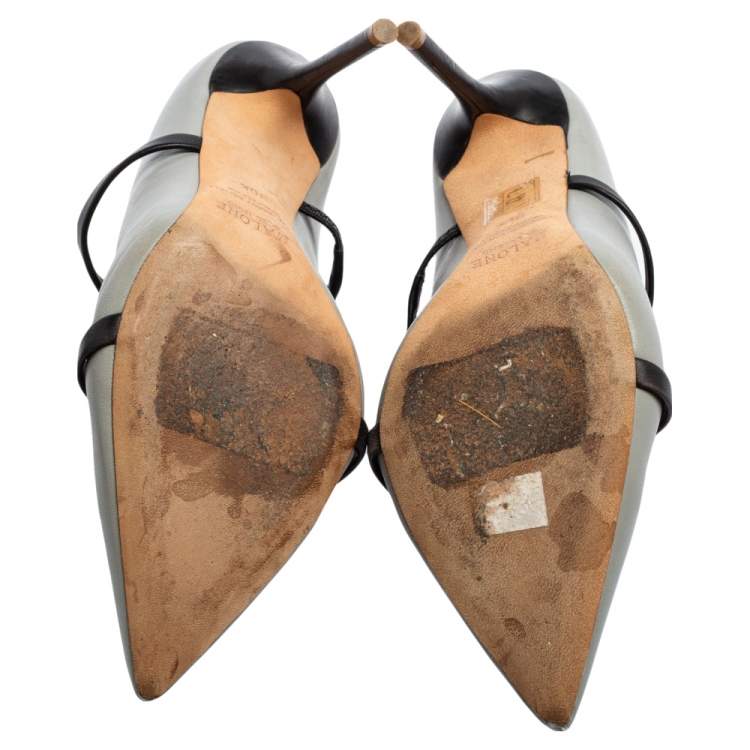 Pre Owned Malone Souliers Grey/Black Leather Maureen Pointed-Toe Mule Sandals Size 39.5