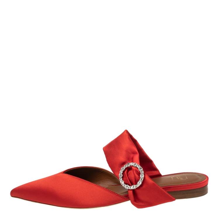 Pre Owned Malone Souliers Red Satin Maite Crystal Buckle Flats Size 40