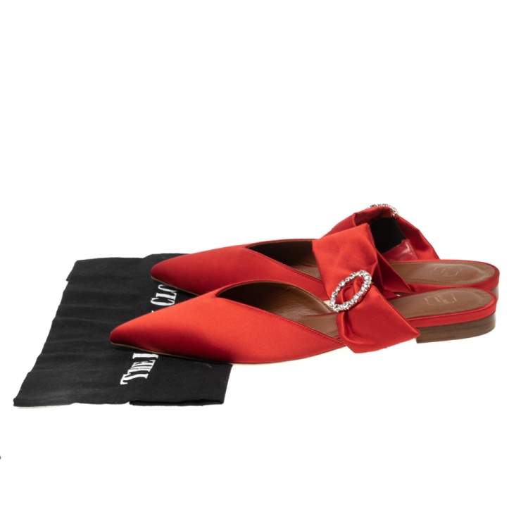 Pre Owned Malone Souliers Red Satin Maite Crystal Buckle Flats Size 40