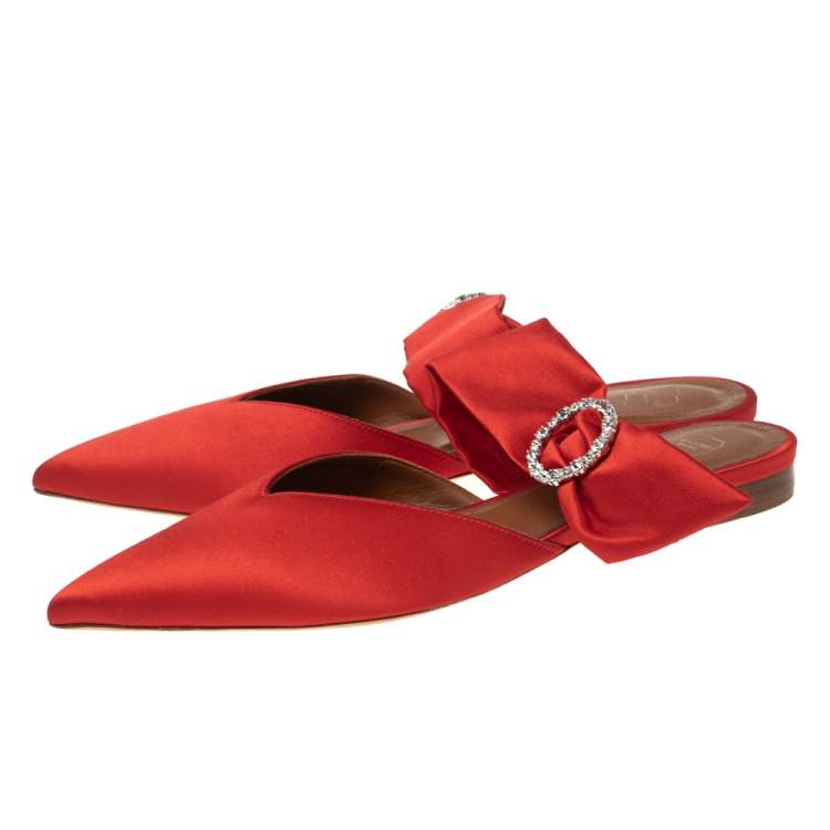 Pre Owned Malone Souliers Red Satin Maite Crystal Buckle Flats Size 40
