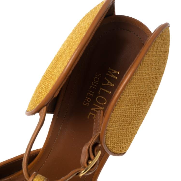 Pre Owned Malone Souliers Yellow Canvas And Leather Trim T Strap Pointed Toe Sandals Size 38.5