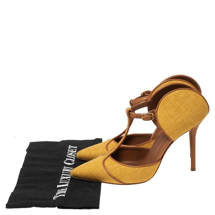 Pre Owned Malone Souliers Yellow Canvas And Leather Trim T Strap Pointed Toe Sandals Size 38.5