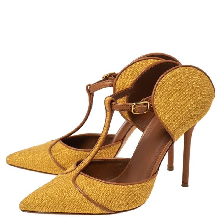 Pre Owned Malone Souliers Yellow Canvas And Leather Trim T Strap Pointed Toe Sandals Size 38.5