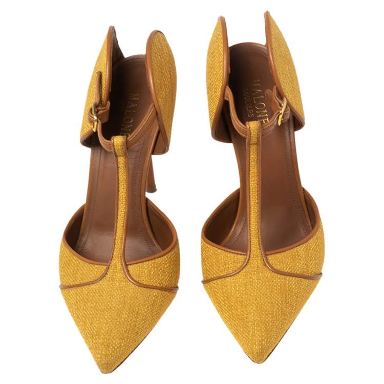 Pre Owned Malone Souliers Yellow Canvas And Leather Trim T Strap Pointed Toe Sandals Size 38.5