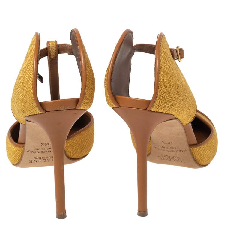 Pre Owned Malone Souliers Yellow Canvas And Leather Trim T Strap Pointed Toe Sandals Size 38.5