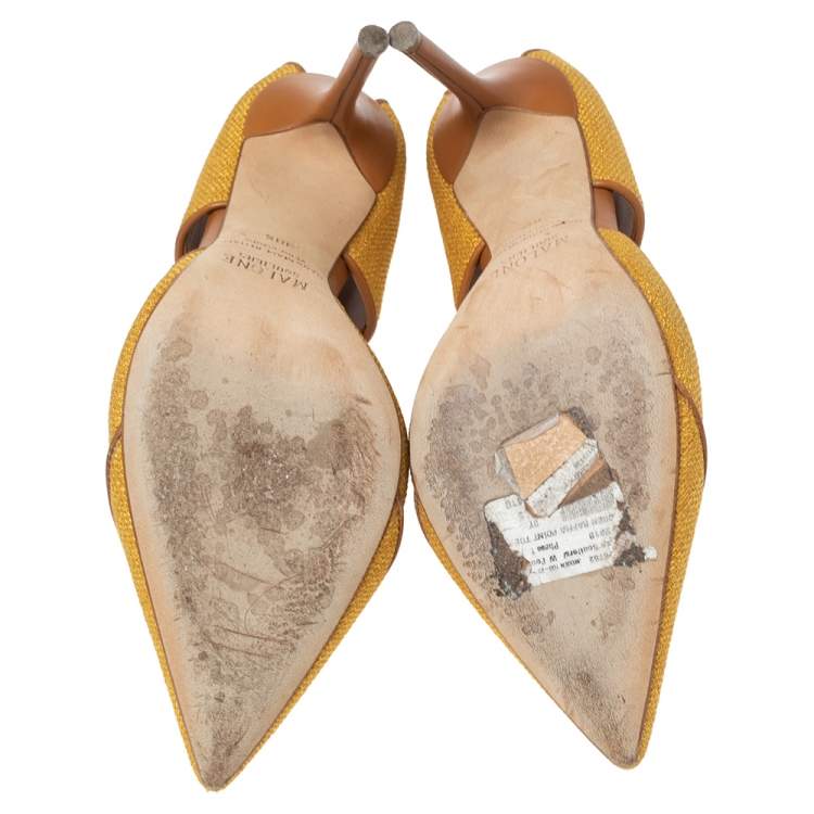 Pre Owned Malone Souliers Yellow Canvas And Leather Trim T Strap Pointed Toe Sandals Size 38.5