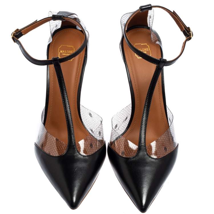 Pre Owned Malone Souliers Black PVC And Leather  T Strap  Pumps Size 39