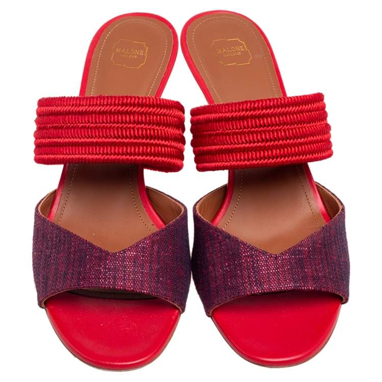 Pre Owned Malone Souliers Red Canvas And Leather Milena Slide Sandals Size 38