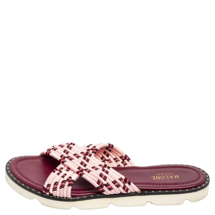 Pre Owned Malone Souliers Pink Raffia Fabric Criss Cross Flat Slide Sandals Size 40