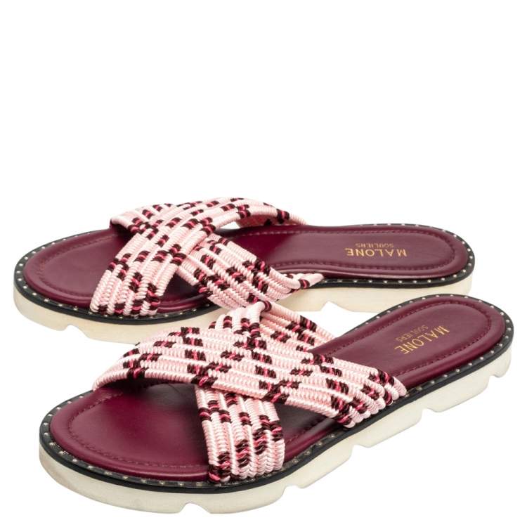 Pre Owned Malone Souliers Pink Raffia Fabric Criss Cross Flat Slide Sandals Size 40