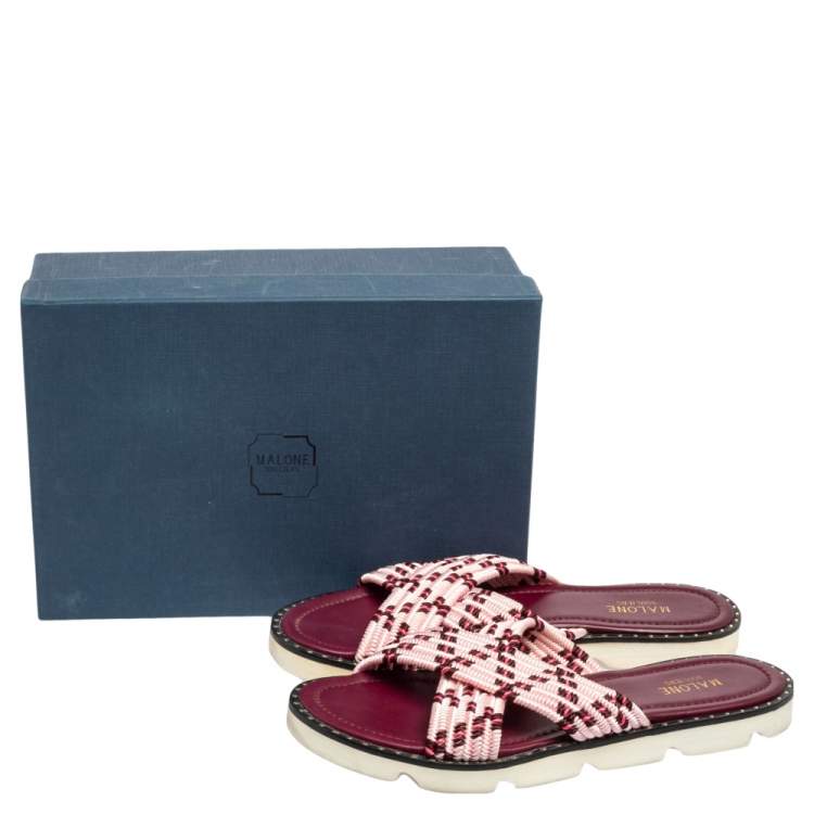 Pre Owned Malone Souliers Pink Raffia Fabric Criss Cross Flat Slide Sandals Size 40