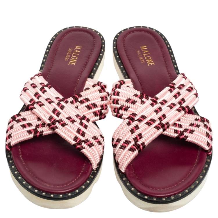 Pre Owned Malone Souliers Pink Raffia Fabric Criss Cross Flat Slide Sandals Size 40