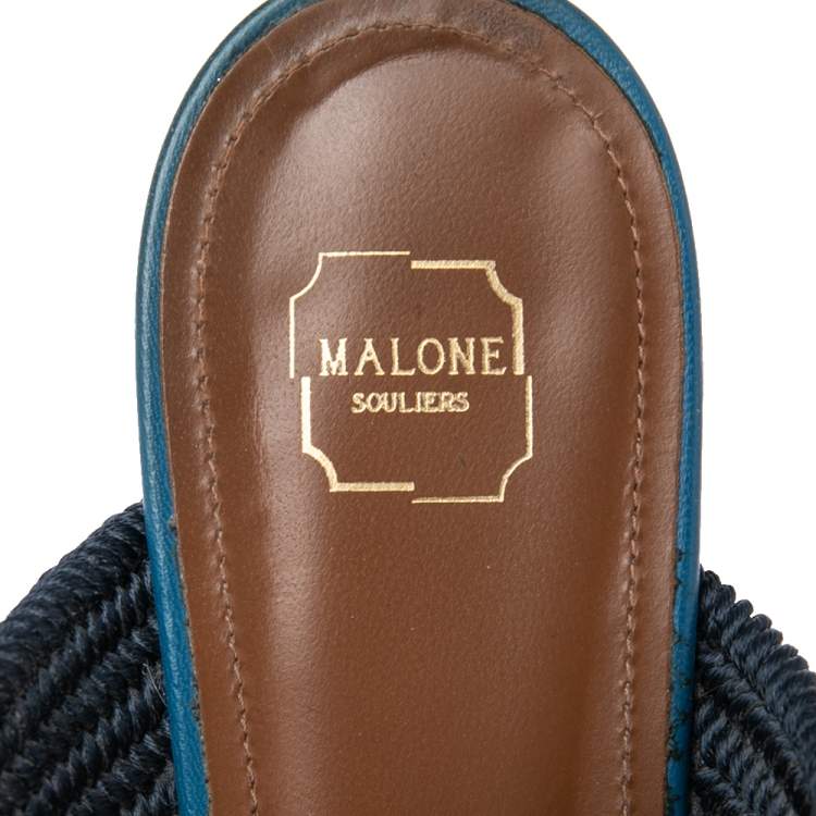 Pre Owned Malone Souliers Navy Blue Canvas and Fabric Maisie Flat Mule Sandals Size 36