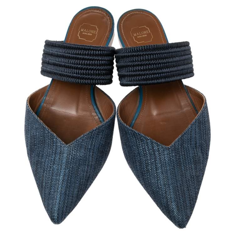 Pre Owned Malone Souliers Navy Blue Canvas and Fabric Maisie Flat Mule Sandals Size 36