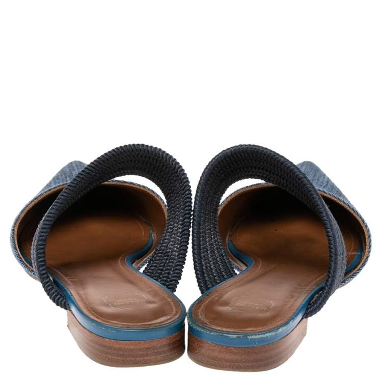 Pre Owned Malone Souliers Navy Blue Canvas and Fabric Maisie Flat Mule Sandals Size 36