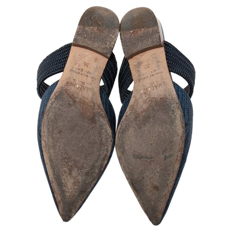 Pre Owned Malone Souliers Navy Blue Canvas and Fabric Maisie Flat Mule Sandals Size 36