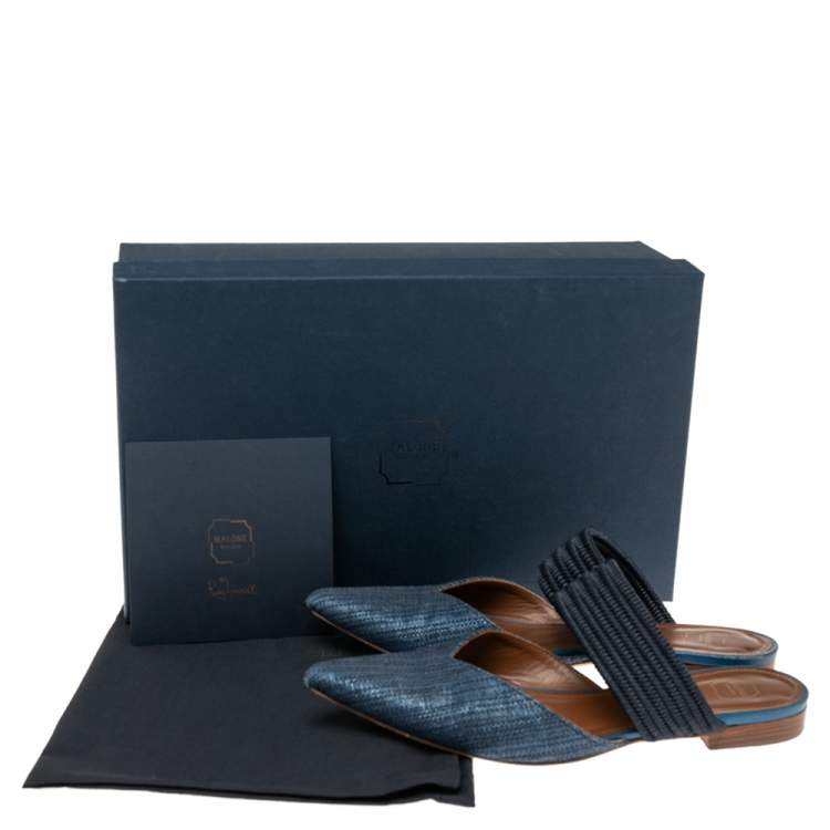 Pre Owned Malone Souliers Navy Blue Canvas and Fabric Maisie Flat Mule Sandals Size 36