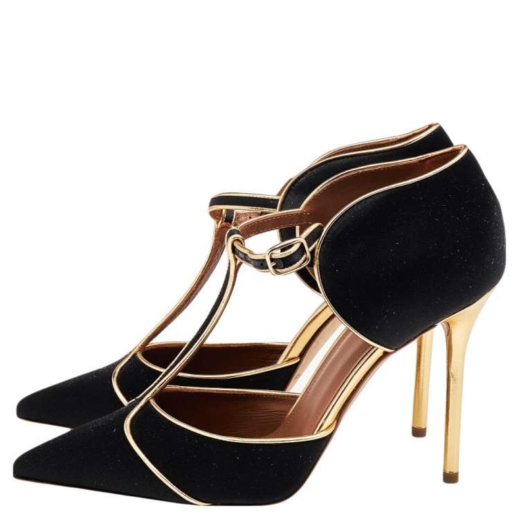 Pre Owned Malone Souliers by Roy Luwolt Black/Gold Satin and Leather Sadie Pumps Size 38.5
