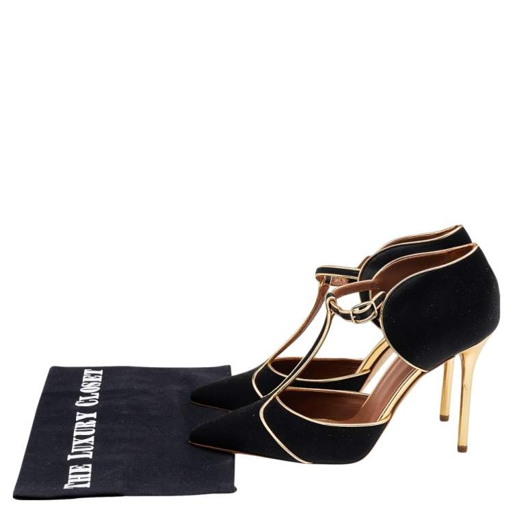 Pre Owned Malone Souliers by Roy Luwolt Black/Gold Satin and Leather Sadie Pumps Size 38.5