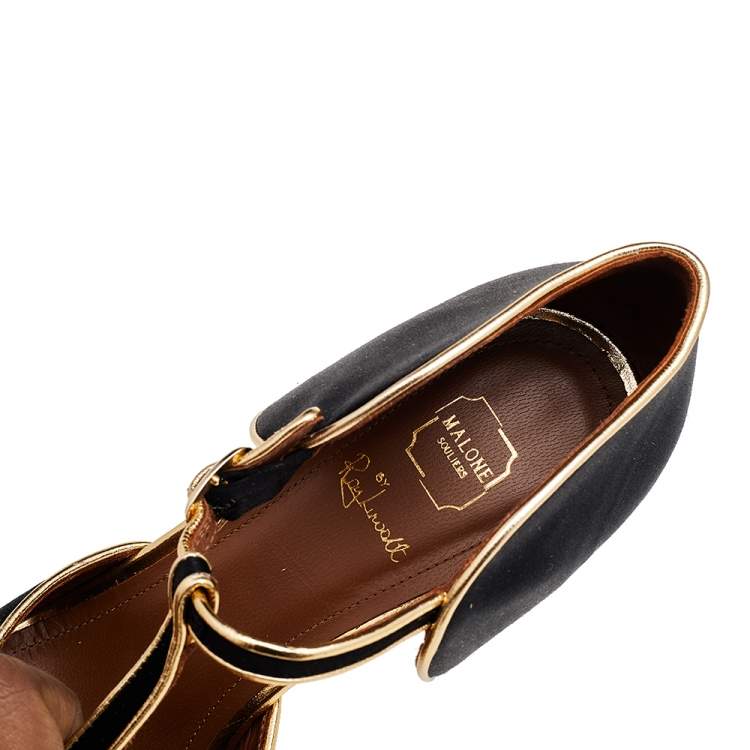Pre Owned Malone Souliers by Roy Luwolt Black/Gold Satin and Leather Sadie Pumps Size 38.5