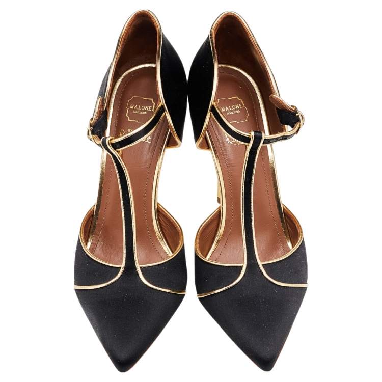 Pre Owned Malone Souliers by Roy Luwolt Black/Gold Satin and Leather Sadie Pumps Size 38.5