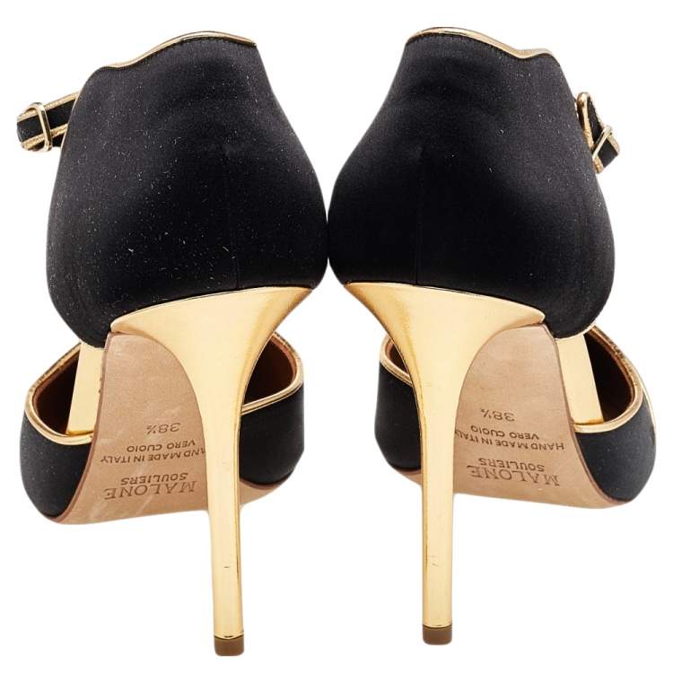 Pre Owned Malone Souliers by Roy Luwolt Black/Gold Satin and Leather Sadie Pumps Size 38.5