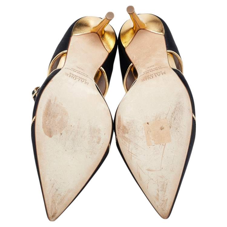 Pre Owned Malone Souliers by Roy Luwolt Black/Gold Satin and Leather Sadie Pumps Size 38.5