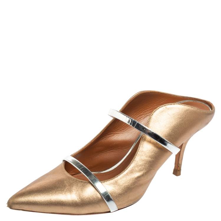 Pre Owned Malone Souliers Gold/Silver Metallic Leather Maureen Pointed Toe Mule Sandals Size 41