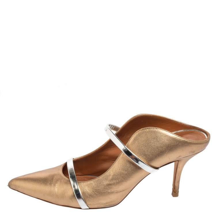 Pre Owned Malone Souliers Gold/Silver Metallic Leather Maureen Pointed Toe Mule Sandals Size 41