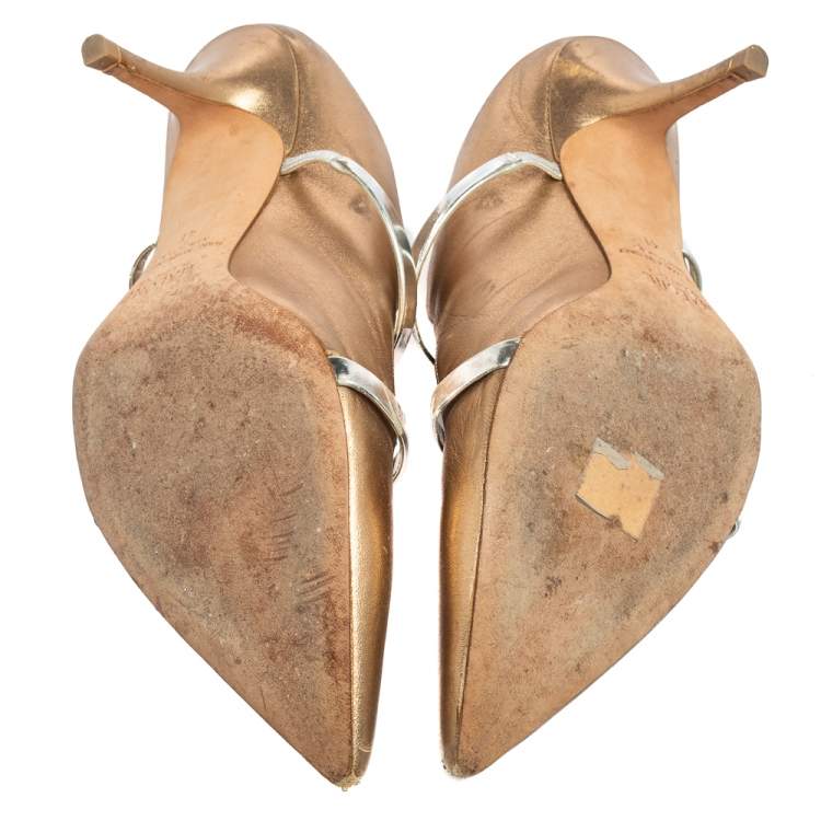Pre Owned Malone Souliers Gold/Silver Metallic Leather Maureen Pointed Toe Mule Sandals Size 41