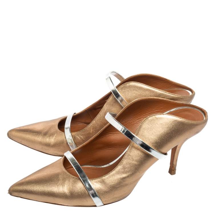 Pre Owned Malone Souliers Gold/Silver Metallic Leather Maureen Pointed Toe Mule Sandals Size 41
