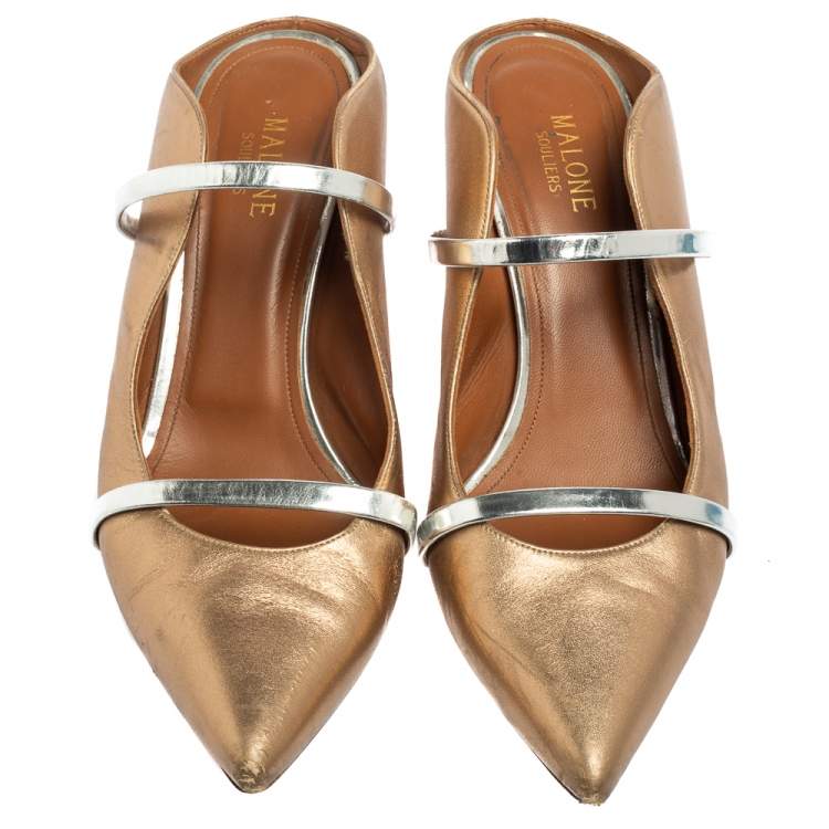 Pre Owned Malone Souliers Gold/Silver Metallic Leather Maureen Pointed Toe Mule Sandals Size 41