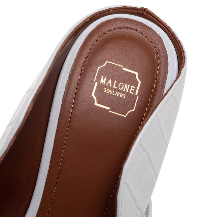 Pre Owned Malone Souliers White Croc Embossed Leather Maureen Mule Sandals Size 37.5