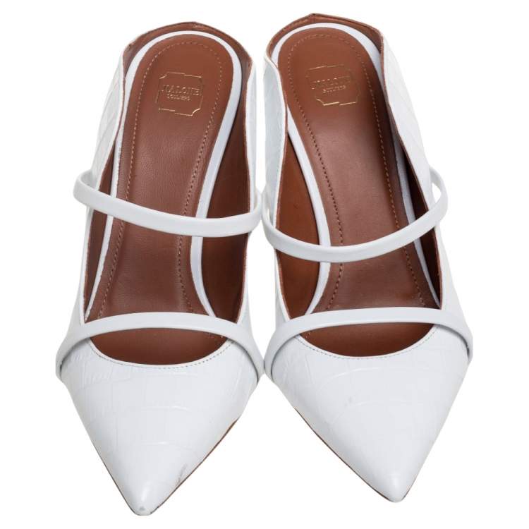 Pre Owned Malone Souliers White Croc Embossed Leather Maureen Mule Sandals Size 37.5