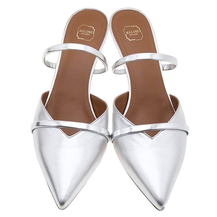مملوكة مسبقًا Malone Souliers Metallic Silver Leather Frankie Mules Size 39