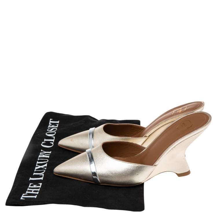 Pre Owned Malone Souliers Metallic Gold Leather  Marilyn Wedge Mules Size 36