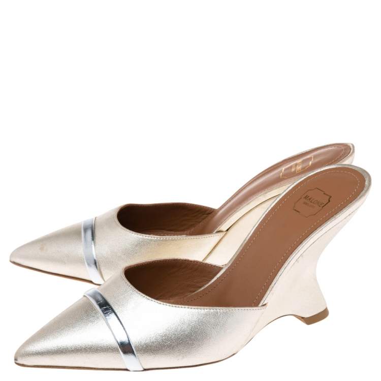 Pre Owned Malone Souliers Metallic Gold Leather  Marilyn Wedge Mules Size 36