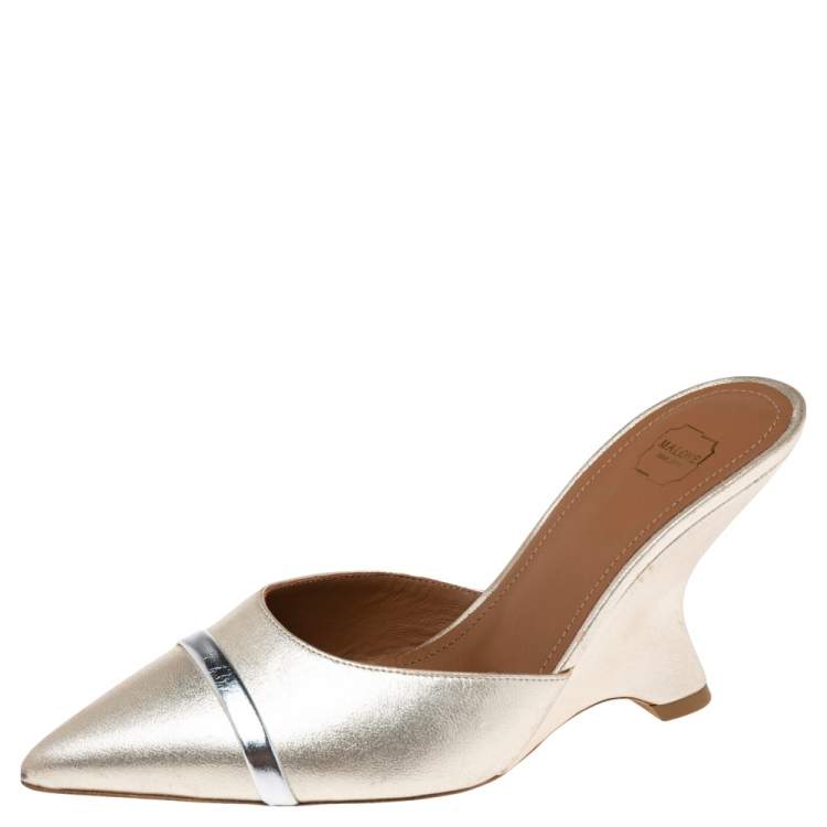 Pre Owned Malone Souliers Metallic Gold Leather  Marilyn Wedge Mules Size 36