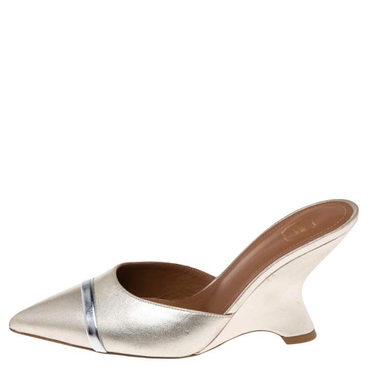 Pre Owned Malone Souliers Metallic Gold Leather  Marilyn Wedge Mules Size 36