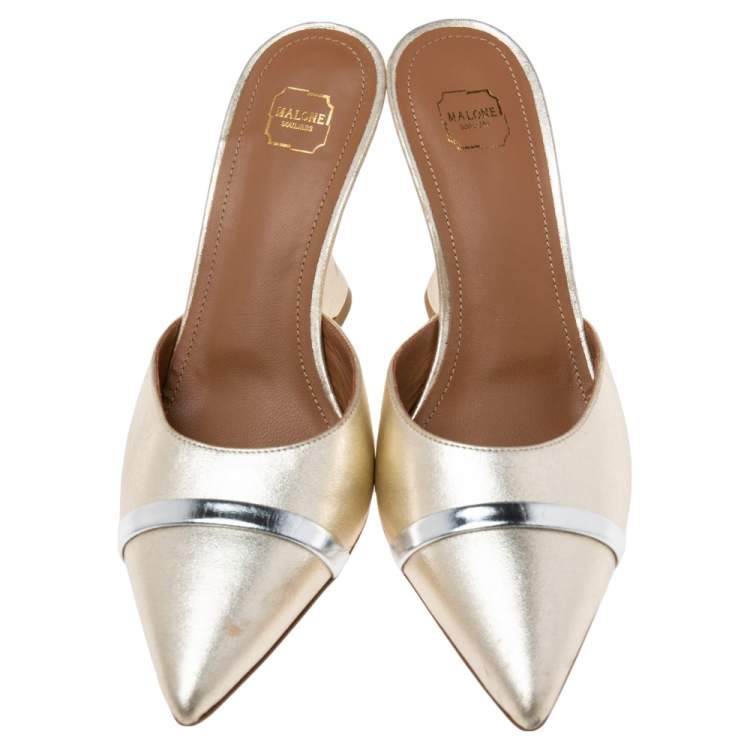Pre Owned Malone Souliers Metallic Gold Leather  Marilyn Wedge Mules Size 36