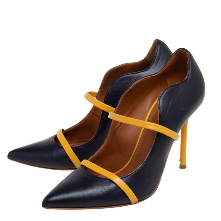 مملوكة مسبقًا Malone Souliers Navy Blue/Yellow Leather Maureen Pumps Size 37.5