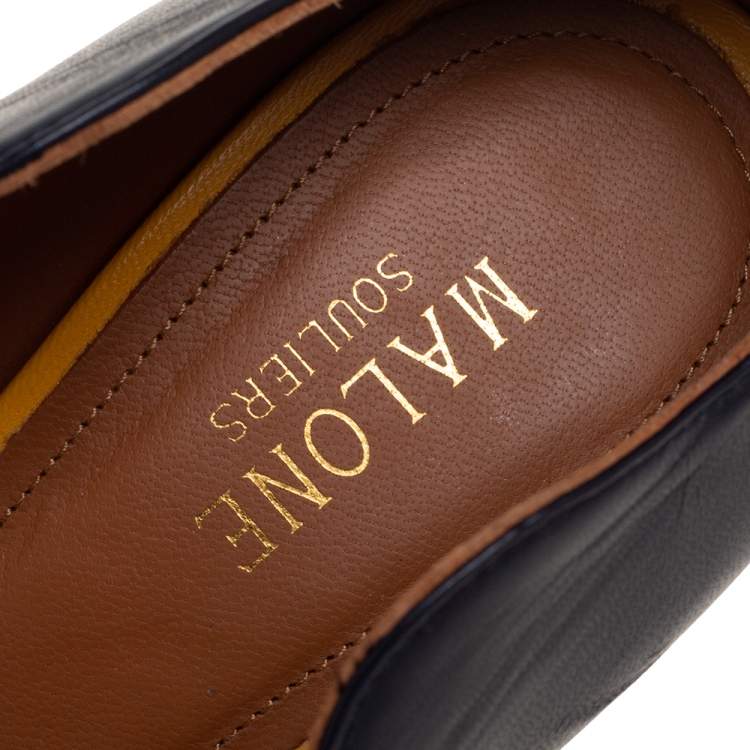 مملوكة مسبقًا Malone Souliers Navy Blue/Yellow Leather Maureen Pumps Size 37.5
