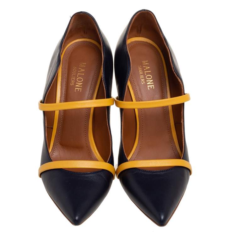 مملوكة مسبقًا Malone Souliers Navy Blue/Yellow Leather Maureen Pumps Size 37.5