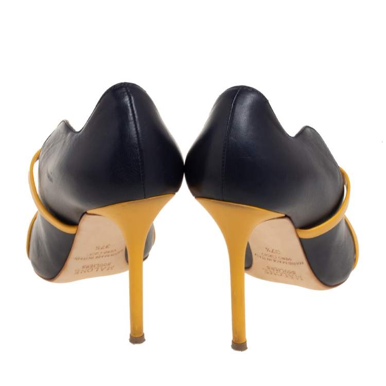 مملوكة مسبقًا Malone Souliers Navy Blue/Yellow Leather Maureen Pumps Size 37.5
