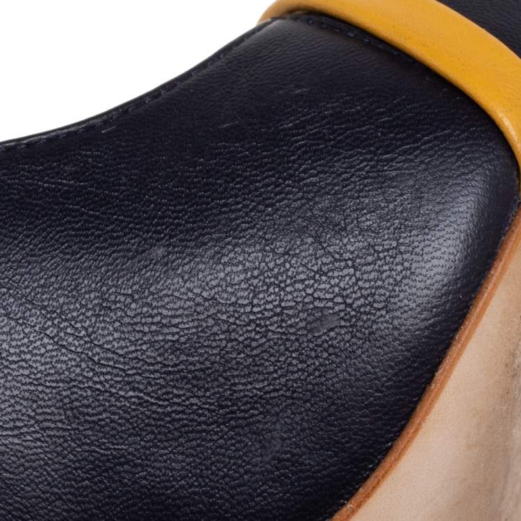 مملوكة مسبقًا Malone Souliers Navy Blue/Yellow Leather Maureen Pumps Size 37.5