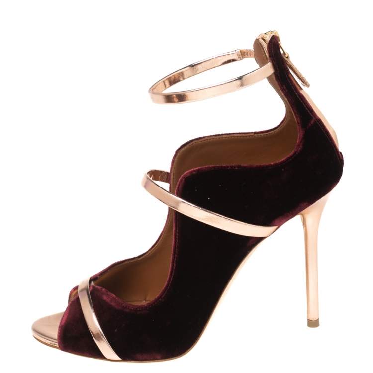 Pre Owned Malone Souliers Burgundy/Metallic Rose Gold Velvet and Leather Mika Sandals Size 38