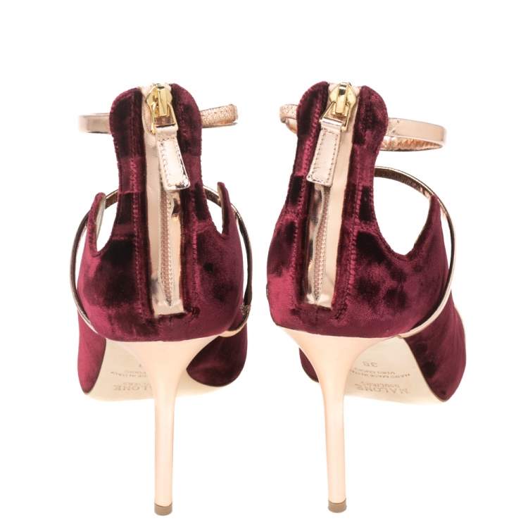 Pre Owned Malone Souliers Burgundy/Metallic Rose Gold Velvet and Leather Mika Sandals Size 38